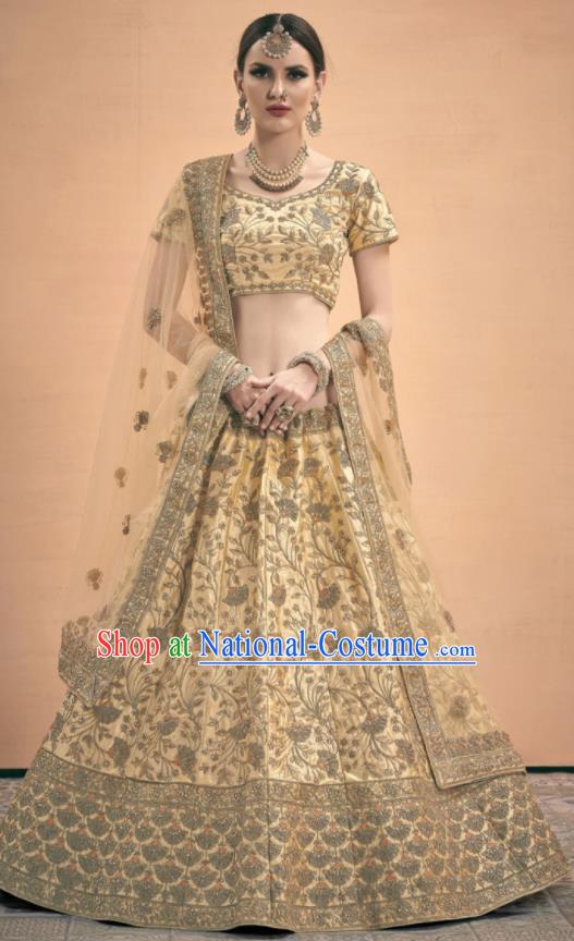 Asian Indian Bollywood Wedding Embroidered Light Yellow Silk Dress India Traditional Bride Lehenga Costumes for Women