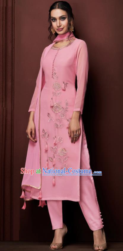 Asian Indian Punjabis Embroidered Pink Blouse and Pants India Traditional Kurti Costumes Complete Set for Women