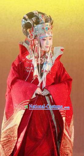 Chinese Zhaojun Chu Sai Ancient Court Queen Red Dress Stage Performance Dance Costume and Headpiece for Women