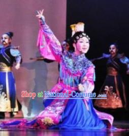 Chinese Zhaojun Chu Sai Ancient Court Princess Blue Dress Stage Performance Dance Costume and Headpiece for Women