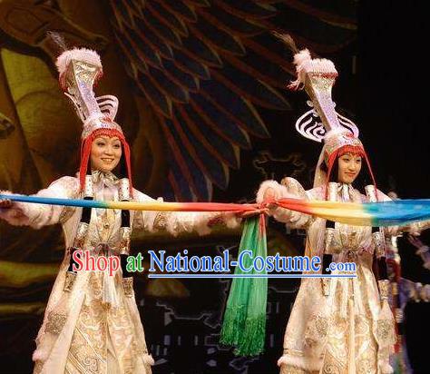 Chinese Zhaojun Chu Sai Ancient Mongol Nationality Princess White Dress Stage Performance Dance Costume and Headpiece for Women