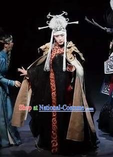 Chinese Zhaojun Chu Sai Ancient Mongol Nationality Queen Black Dress Stage Performance Dance Costume and Headpiece for Women