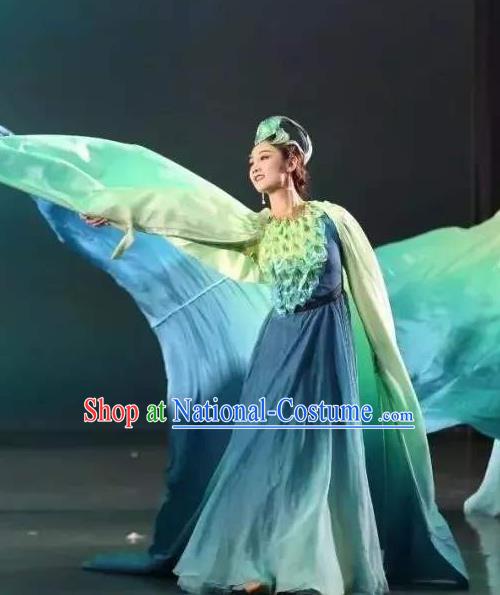 Chinese Zhaojun Chu Sai Classical Dance Blue Dress Stage Performance Dance Costume and Headpiece for Women