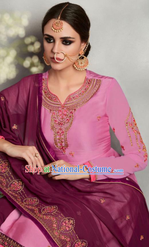 Asian Indian Punjabis Embroidered Pink Blouse and Purple Skirt India Traditional Lehenga Choli Costumes Complete Set for Women