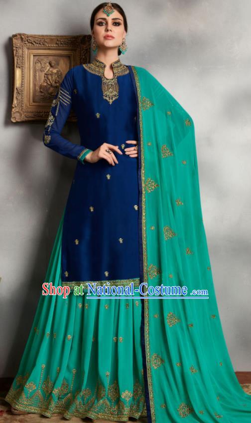 Asian Indian Punjabis Embroidered Royalblue Blouse and Green Skirt India Traditional Lehenga Choli Costumes Complete Set for Women