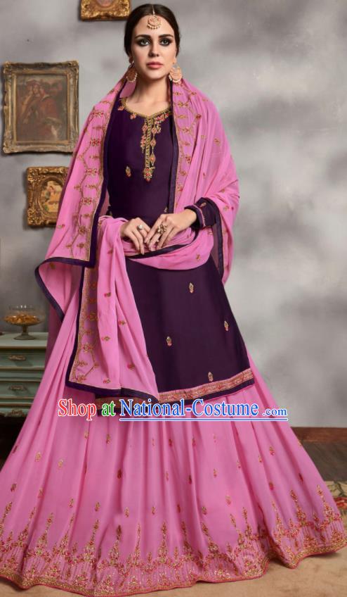 Asian Indian Punjabis Embroidered Purple Blouse and Pink Skirt India Traditional Lehenga Choli Costumes Complete Set for Women