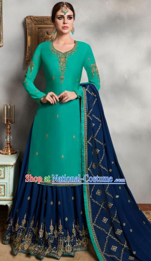 Asian Indian Punjabis Embroidered Green Blouse and Navy Skirt India Traditional Lehenga Choli Costumes Complete Set for Women