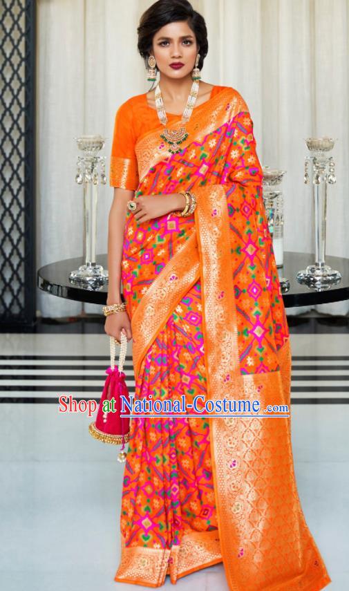 Asian Indian Orange Silk Sari Dress India Traditional Festival Bollywood Court Costumes for Women