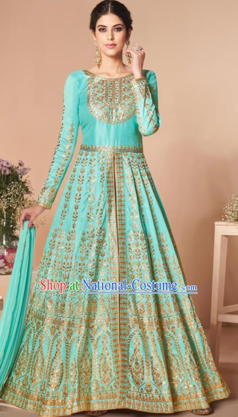 Asian Indian Lehenga Embroidered Lake Blue Silk Blened Dress India Traditional Bollywood Court Costumes for Women