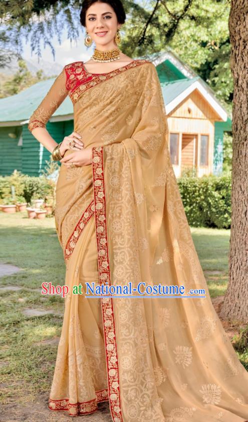 Asian Indian Embroidered Apricot Georgette Sari Dress India Traditional Bollywood Court Costumes for Women