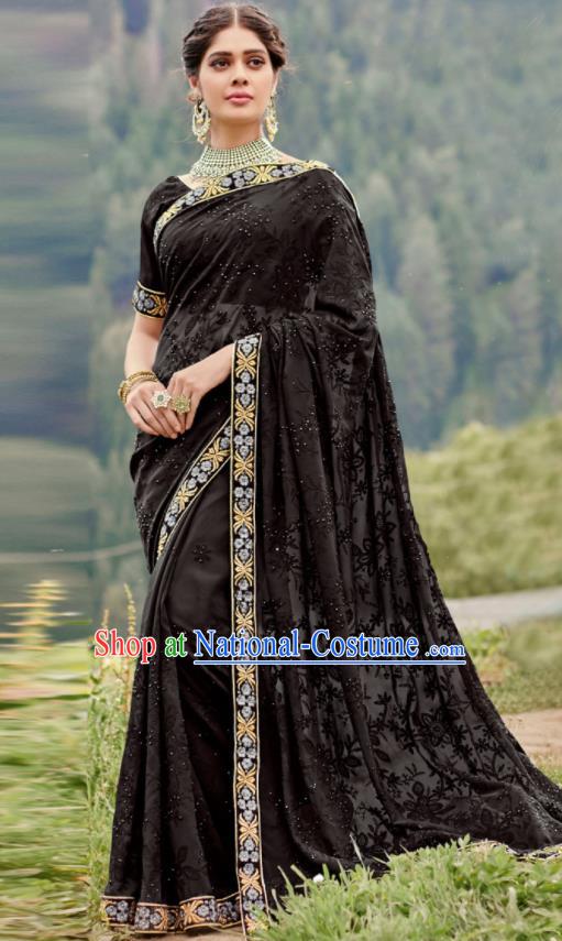 Asian Indian Embroidered Black Georgette Sari Dress India Traditional Bollywood Court Costumes for Women