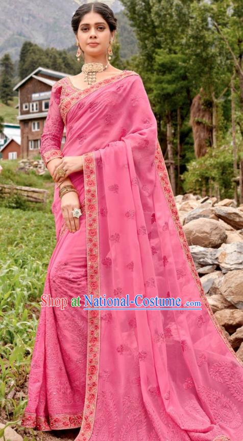 Asian Indian Embroidered Pink Georgette Sari Dress India Traditional Bollywood Court Costumes for Women