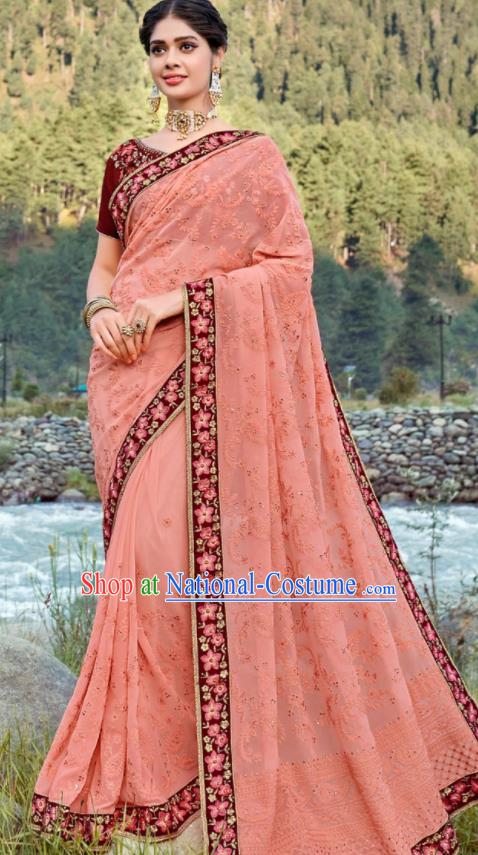 Asian Indian Embroidered Peach Pink Georgette Sari Dress India Traditional Bollywood Court Costumes for Women