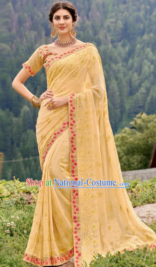 Asian Indian Embroidered Yellow Georgette Sari Dress India Traditional Bollywood Court Costumes for Women