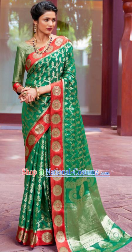 Asian Indian Festival Green Silk Sari Dress India Bollywood Traditional Court Costumes for Women