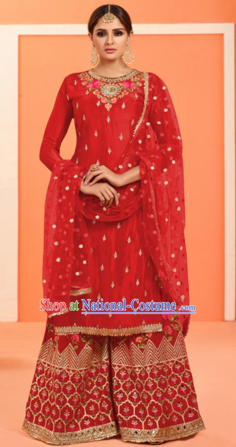 Asian Indian Embroidered Red Faux Georgette Blouse and Pants India Traditional Lehenga Choli Costumes Complete Set for Women