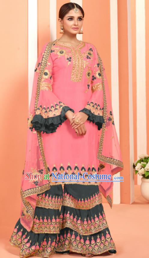 Asian Indian Embroidered Faux Georgette Pink Blouse and Grey Pants India Traditional Lehenga Choli Costumes Complete Set for Women