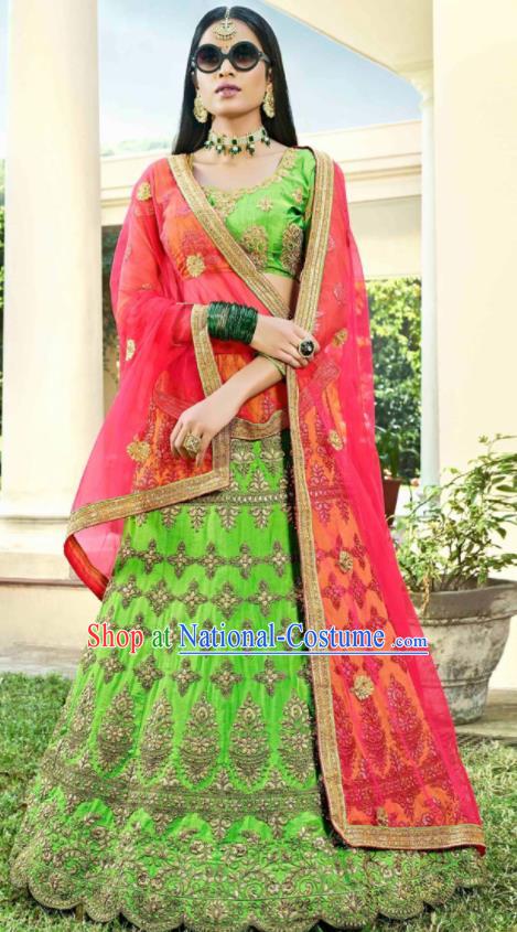 Asian Indian Bollywood Embroidered Green Cotton Silk Dress India Traditional Festival Lehenga Court Costumes for Women