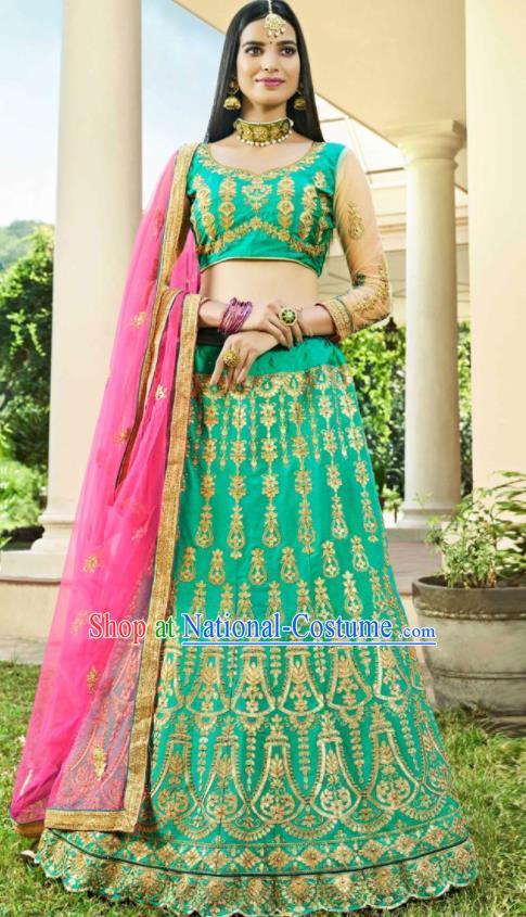 Asian Indian Bollywood Embroidered Light Green Cotton Silk Dress India Traditional Festival Lehenga Court Costumes for Women