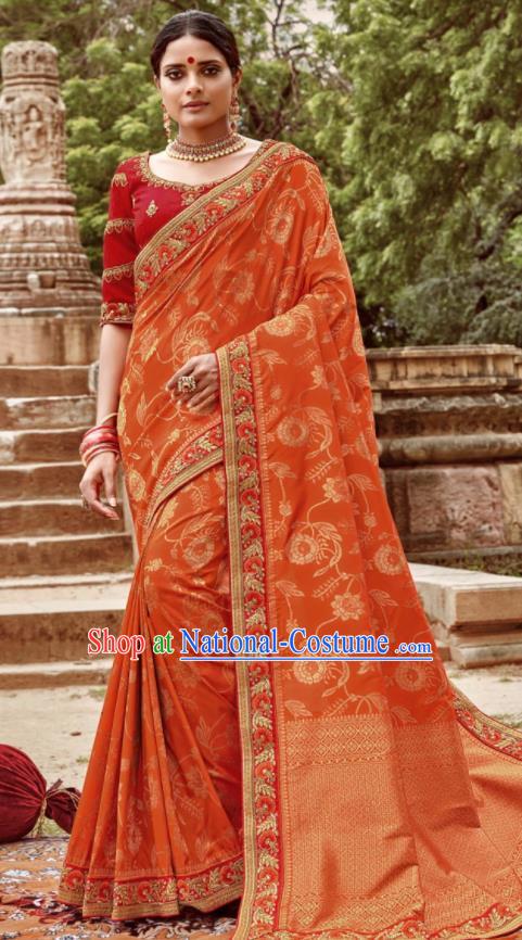 Asian Indian Bollywood Bride Embroidered Orange Sari Dress India Traditional Court Wedding Costumes for Women