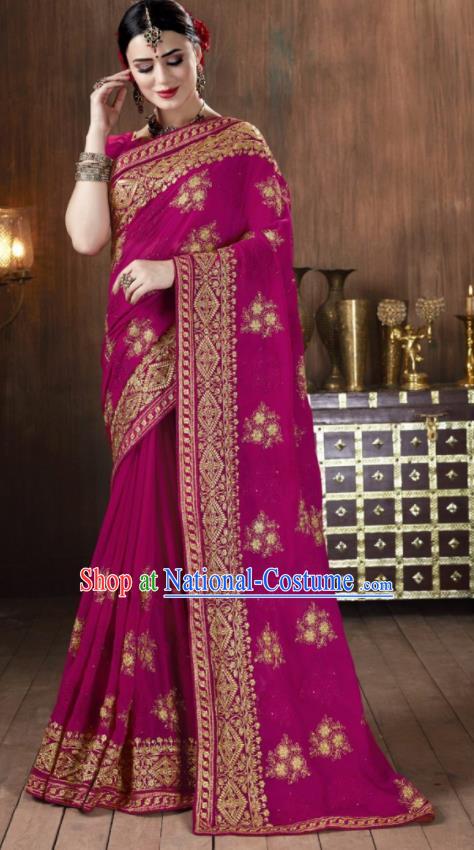 Asian Indian National Bollywood Purple Georgette Embroidered Sari Dress India Traditional Costumes for Women