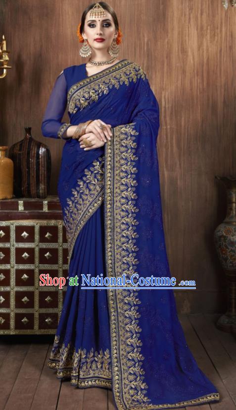 Asian Indian National Bollywood Royalblue Georgette Embroidered Sari Dress India Traditional Costumes for Women