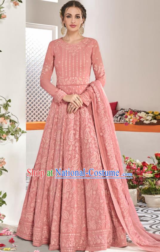 Asian Indian National Lehenga Bollywood Pink Georgette Embroidered Dress India Traditional Costumes for Women