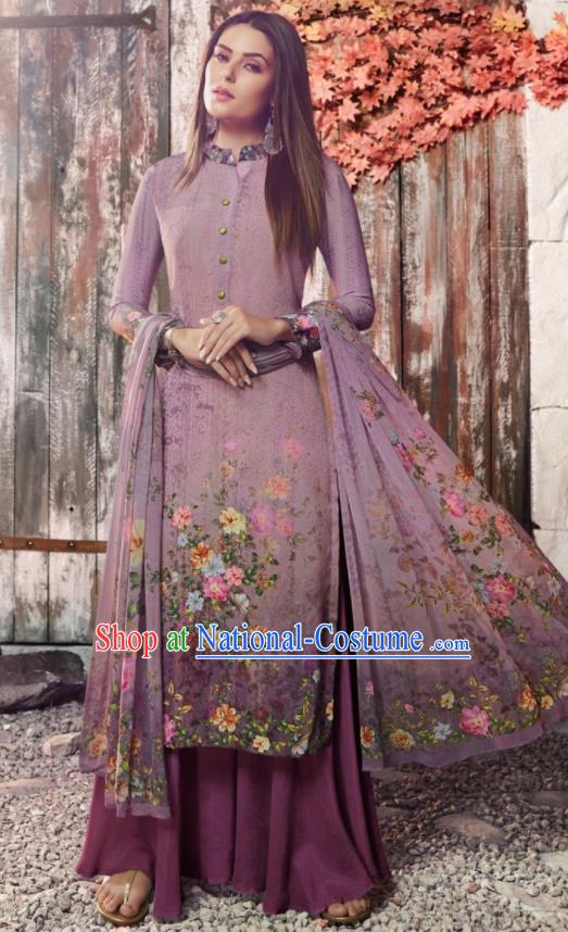 Asian Indian Traditional Printing Purple Crepe Blouse and Pants India Punjabis Lehenga Choli Costumes Complete Set for Women