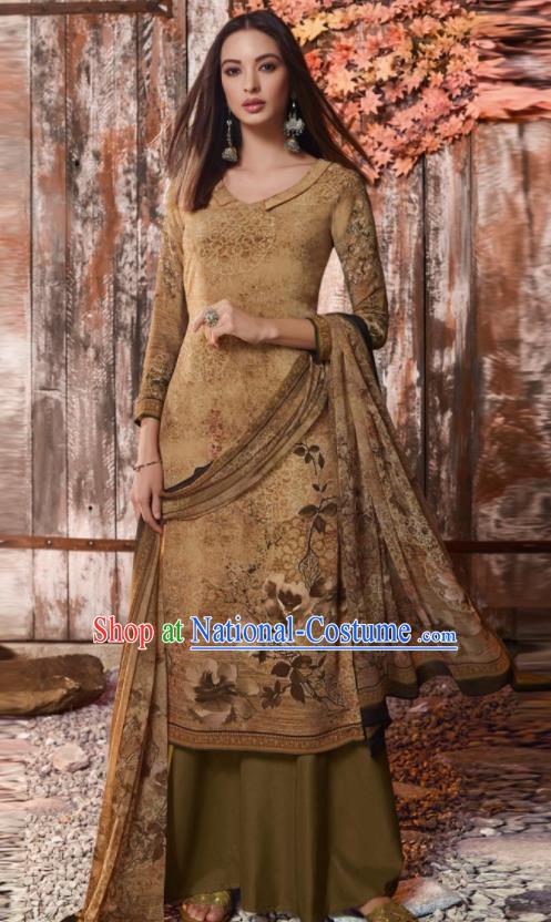 Asian Indian Traditional Printing Brown Crepe Blouse and Pants India Punjabis Lehenga Choli Costumes Complete Set for Women