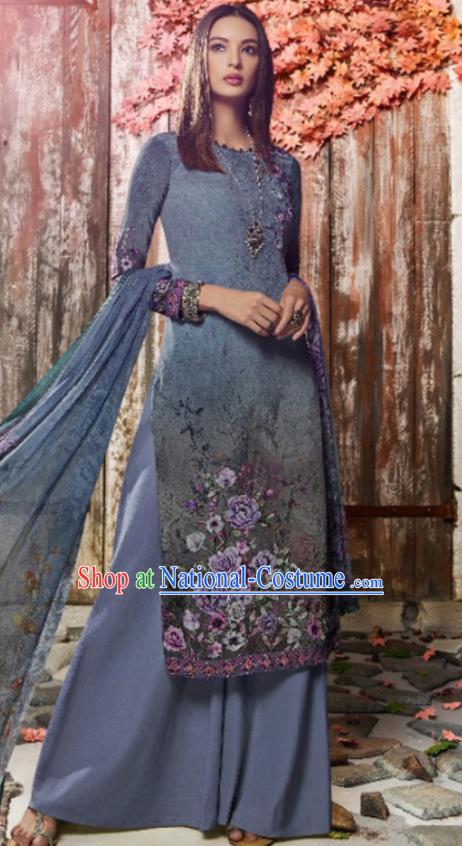 Asian Indian Traditional Printing Blue Crepe Blouse and Pants India Punjabis Lehenga Choli Costumes Complete Set for Women