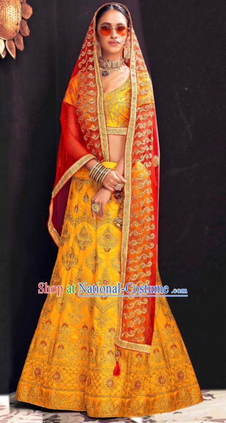 Asian Indian National Wedding Lehenga Golden Embroidered Dress India Bollywood Traditional Costumes for Women