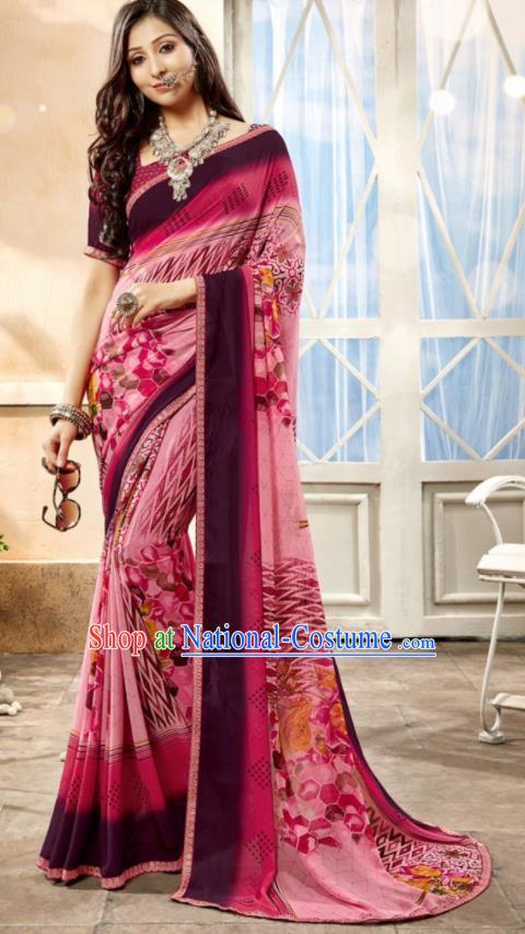 Asian Indian National Lehenga Printing Pink Georgette Sari Dress India Bollywood Traditional Costumes for Women