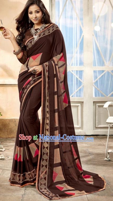 Asian Indian National Lehenga Printing Brown Georgette Sari Dress India Bollywood Traditional Costumes for Women