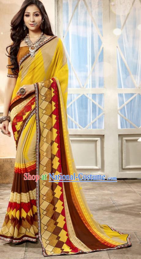 Asian Indian National Lehenga Printing Yellow Georgette Sari Dress India Bollywood Traditional Costumes for Women