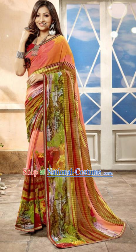 Asian Indian National Lehenga Printing Orange Georgette Sari Dress India Bollywood Traditional Costumes for Women