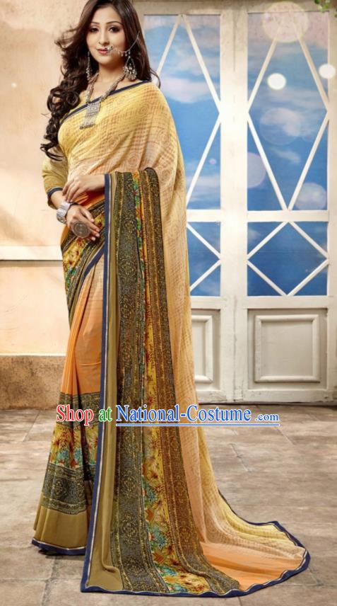 Asian Indian National Lehenga Printing Light Yellow Georgette Sari Dress India Bollywood Traditional Costumes for Women