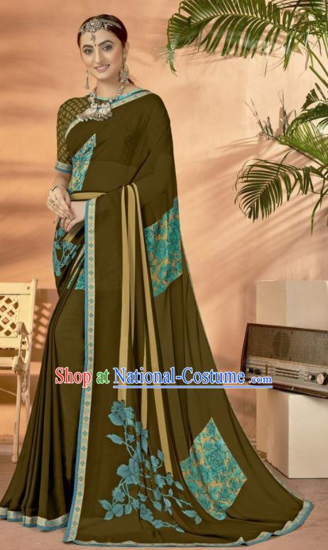 Olive Green Georgette Asian Indian National Lehenga Printing Sari Dress India Bollywood Traditional Costumes for Women