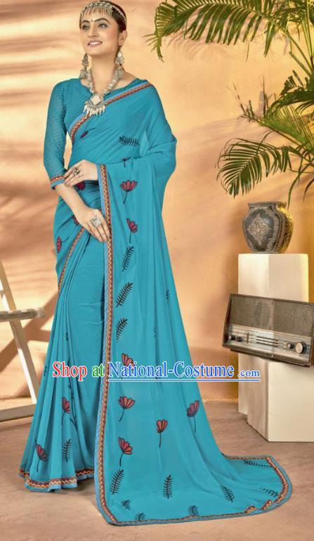 Blue Georgette Asian Indian National Lehenga Printing Sari Dress India Bollywood Traditional Costumes for Women