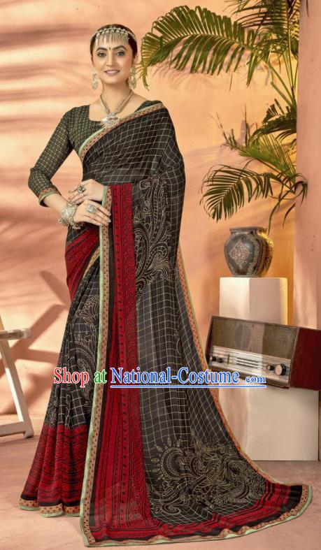 Black Georgette Asian Indian National Lehenga Printing Sari Dress India Bollywood Traditional Costumes for Women