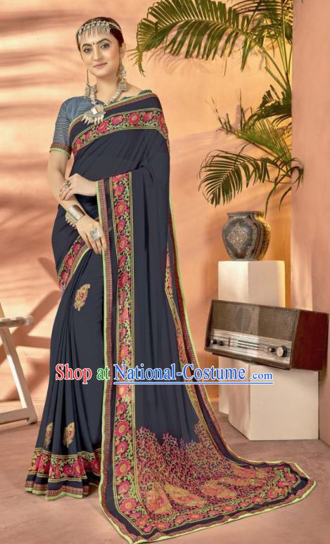 Navy Georgette Asian Indian National Lehenga Printing Sari Dress India Bollywood Traditional Costumes for Women