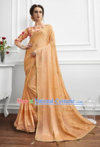 Light Orange Chiffon Asian Indian National Lehenga Sari Dress India Bollywood Traditional Costumes for Women