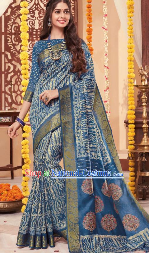 Blue Cotton Asian Indian National Lehenga Sari Dress India Bollywood Traditional Costumes for Women