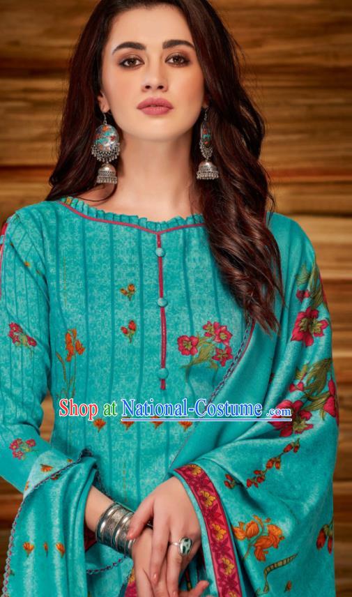 Asian Indian Bollywood Traditional Lake Blue Pashmina Blouse and Pants India Punjabis Lehenga Choli Costumes Complete Set for Women