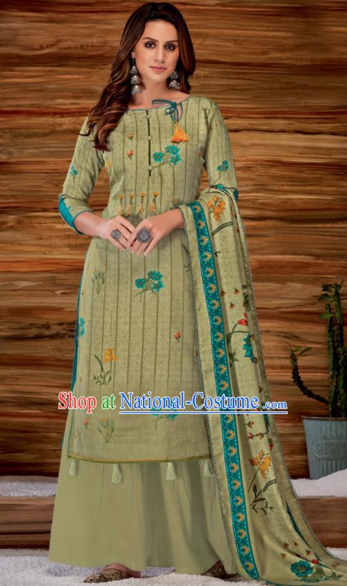 Asian Indian Bollywood Traditional Olive Green Pashmina Blouse and Pants India Punjabis Lehenga Choli Costumes Complete Set for Women