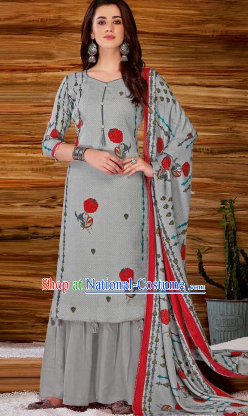 Asian Indian Bollywood Traditional Grey Pashmina Blouse and Pants India Punjabis Lehenga Choli Costumes Complete Set for Women