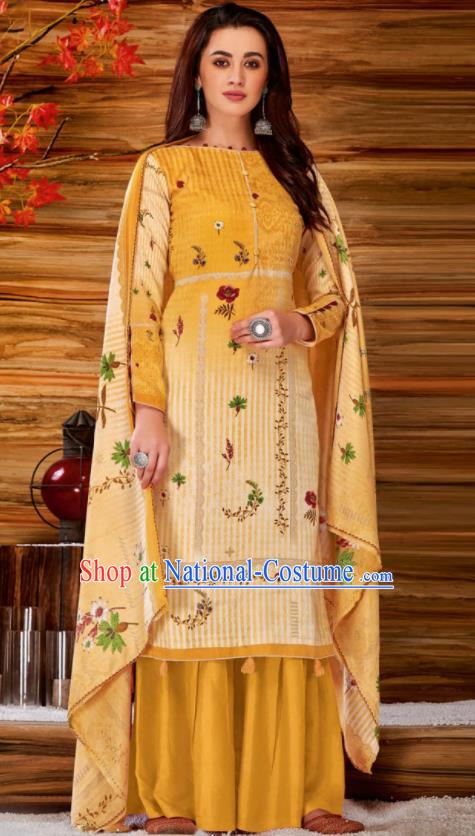 Asian Indian Bollywood Traditional Yellow Pashmina Blouse and Pants India Punjabis Lehenga Choli Costumes Complete Set for Women