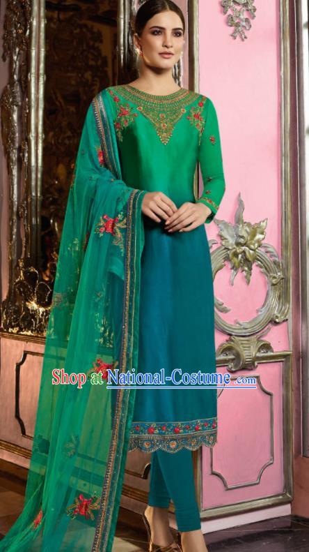 Asian Indian Punjabis Embroidered Green Satin Blouse and Pants India Traditional Lehenga Choli Costumes Complete Set for Women