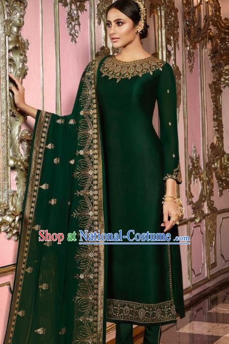 Asian Indian Punjabis Embroidered Deep Green Satin Blouse and Pants India Traditional Lehenga Choli Costumes Complete Set for Women