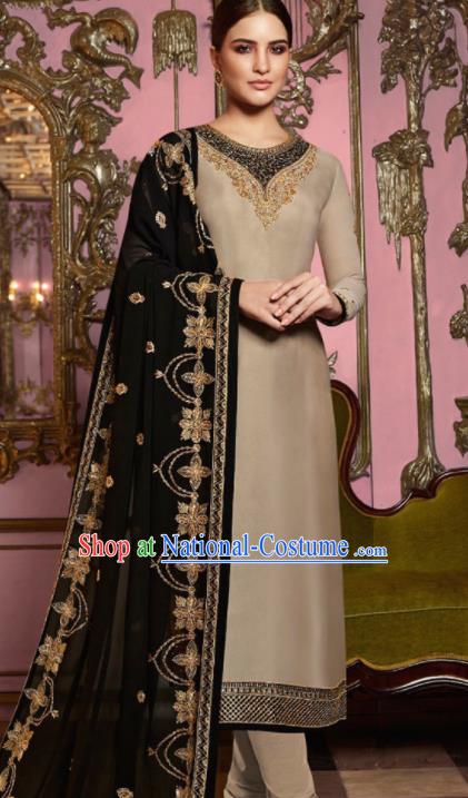 Asian Indian Punjabis Embroidered Khaki Satin Blouse and Pants India Traditional Lehenga Choli Costumes Complete Set for Women