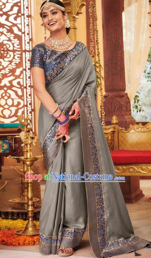 Asian Traditional Indian Festival Grey Silk Sari Dress India National Lehenga Bollywood Costumes for Women